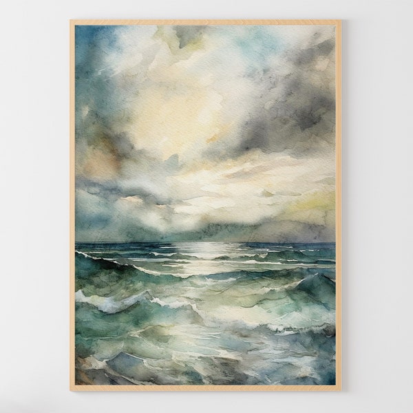 Stormy Seascape Watercolor Painting Thunder Sea Art Print Nautical Wall Art Sea Waves Poster