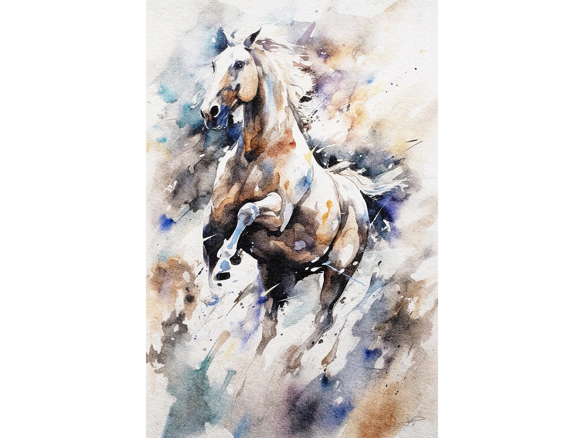 野生の馬の水彩画アートプリント：走る馬の絵 - Etsy 日本