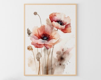 Poppy Flowers Watercolor Painting Wildflowers Art Print Floral Wall Art Red Poppies Poster