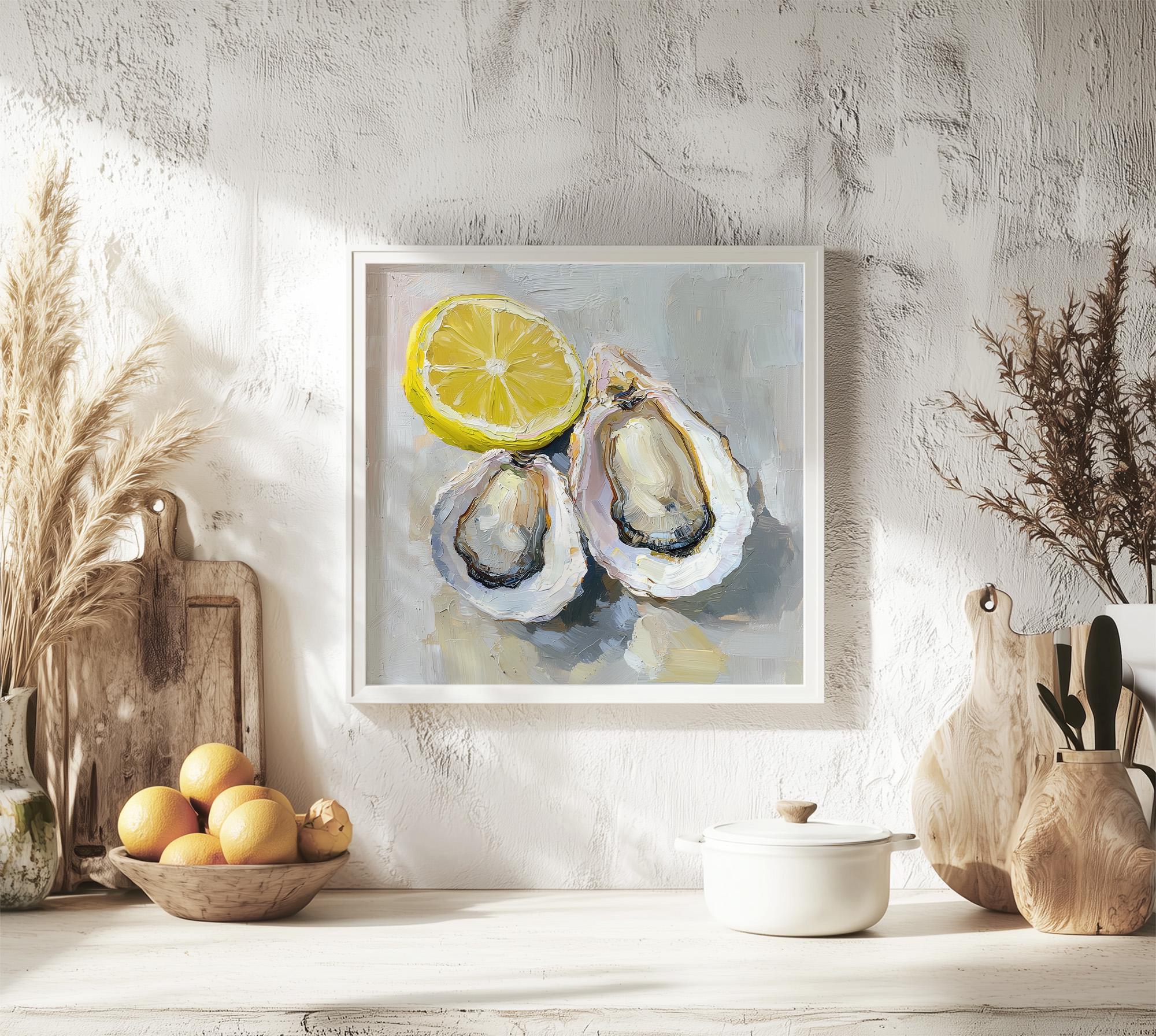 牡蠣の油絵 レモンの絵画 キッチン静物画 壁アート - Etsy 日本