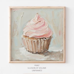 Impression de petits gâteaux roses, peinture de desserts, décoration murale de cuisine, affiche de nourriture, impression de gâteau à partir d'une peinture à l'huile originale