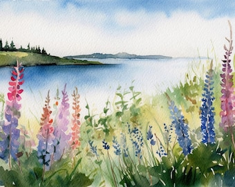Deer Isle Painting Lupine Meadow Watercolor Maine Landscape Coastal Wall Art Seascape Art Print