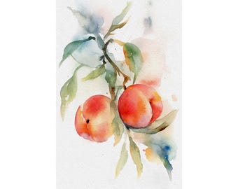 Perzik schilderij fruit aquarel keuken muur kunst fruittak Art Print botanische poster
