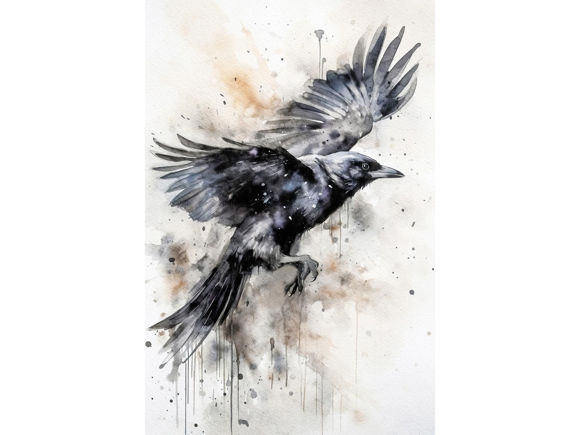 カラスの水彩画、黒いカラスのアートプリント、鳥の壁アート、黒い鳥の