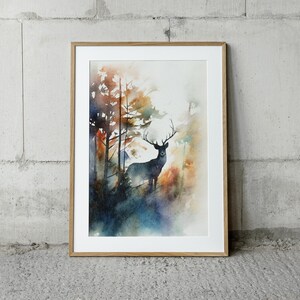 May include: A watercolor painting of a deer standing in a forest. The deer is silhouetted against a background of trees and foliage in shades of orange, yellow, blue, and green.
