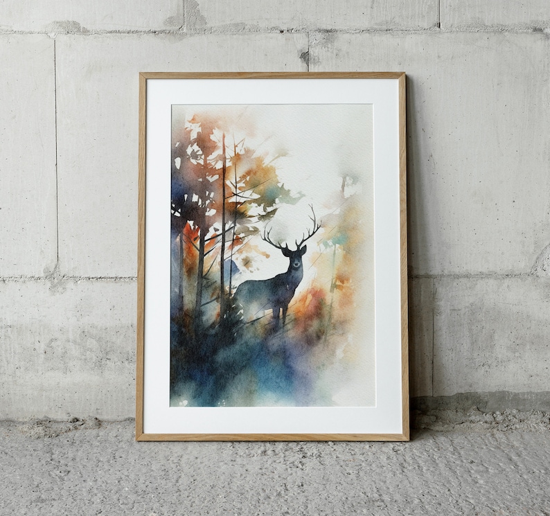May include: A watercolor painting of a deer standing in a forest. The deer is silhouetted against a background of trees and foliage in shades of orange, yellow, blue, and green.
