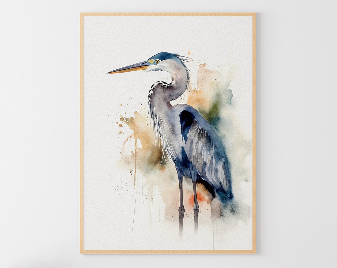 Heron Watercolor Painting Great Blue Heron Art Print Coastal Bird ...