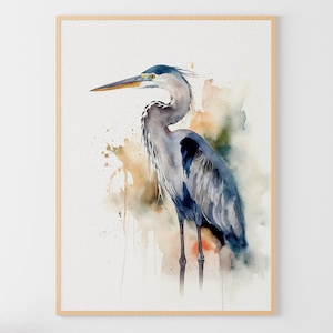 Pintura de acuarela de garza, gran garza azul, impresión artística, cartel de aves costeras, arte de pared de aves náuticas