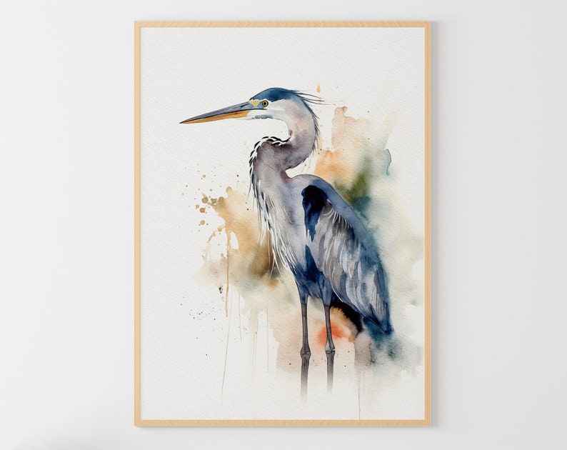 Heron Watercolor Painting Great Blue Heron Art Print Coastal Bird Poster Nautical Bird Wall Art