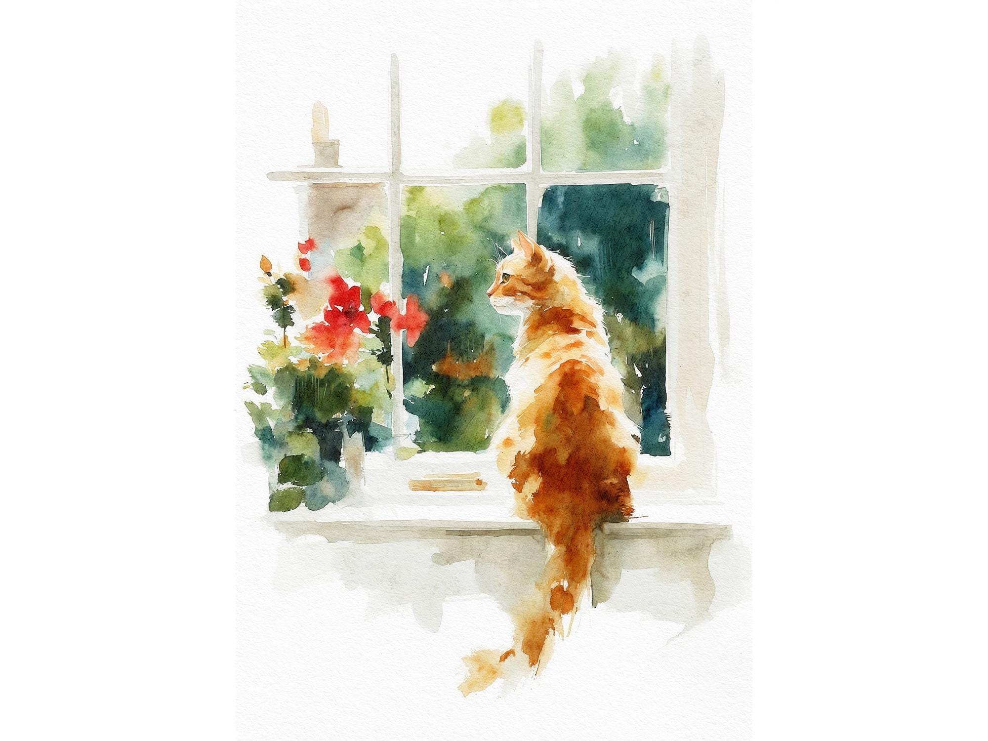Cat by Window Watercolor Print Ginger Painting Cat Animal Wall Art ...