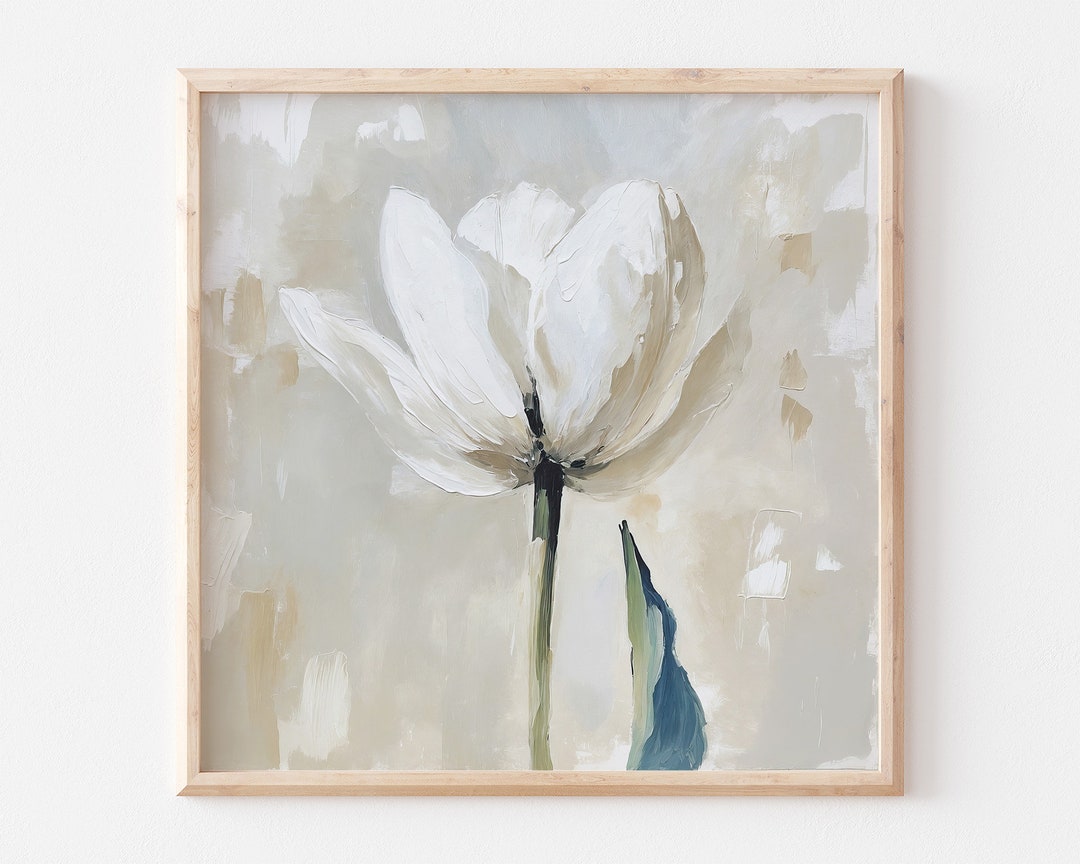 White Tulip Oil Painting Floral Wall Art Flowers Artwork Neutral Beige ...