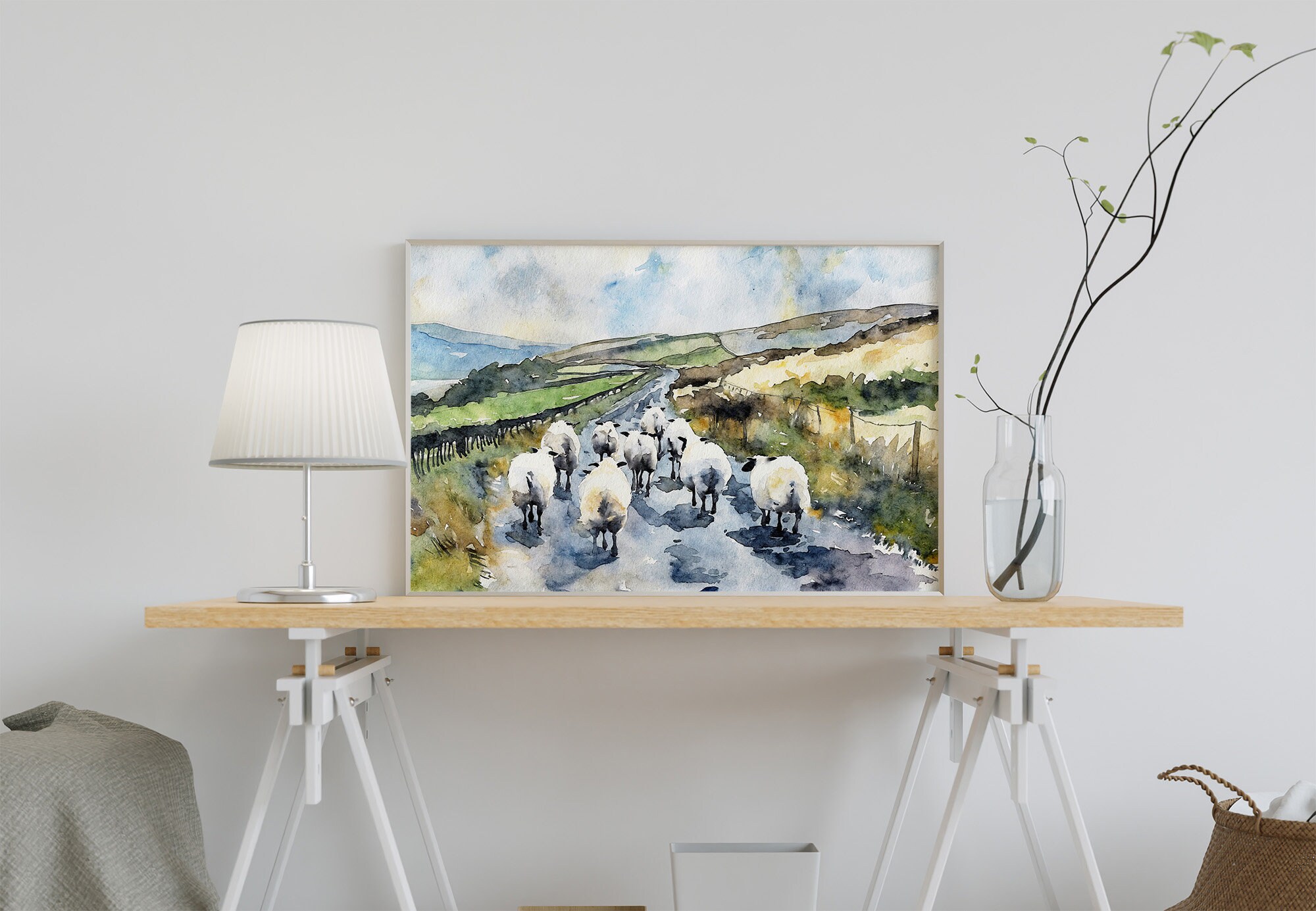 アイルランドの羊の水彩画 アイルランドの風景 農家の壁画 素朴な道の
