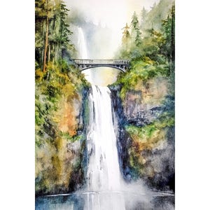 Multnomah Falls Watercolor Print Columbia River Gorge Painting Oregon Landscape Waterfall Bridge Poster