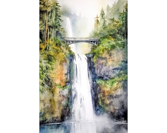 マルトノマ滝の水彩画、コロンビア川渓谷の絵画、オレゴンの風景、滝