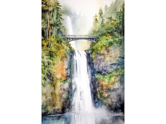 マルトノマ滝の水彩画、コロンビア川渓谷の絵画、オレゴンの風景、滝