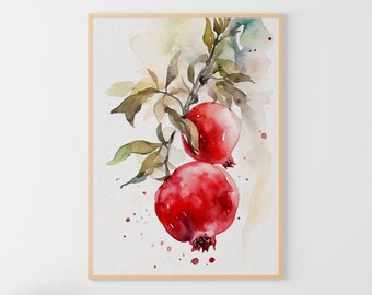 Pomegranate Watercolor Painting Botanical Art Print Kitchen Wall Art Fruits Poster