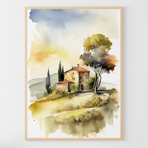 Cuadro de cabaña toscana, paisaje italiano, colinas verdes, acuarela, impresión artística de cabaña, póster de campo