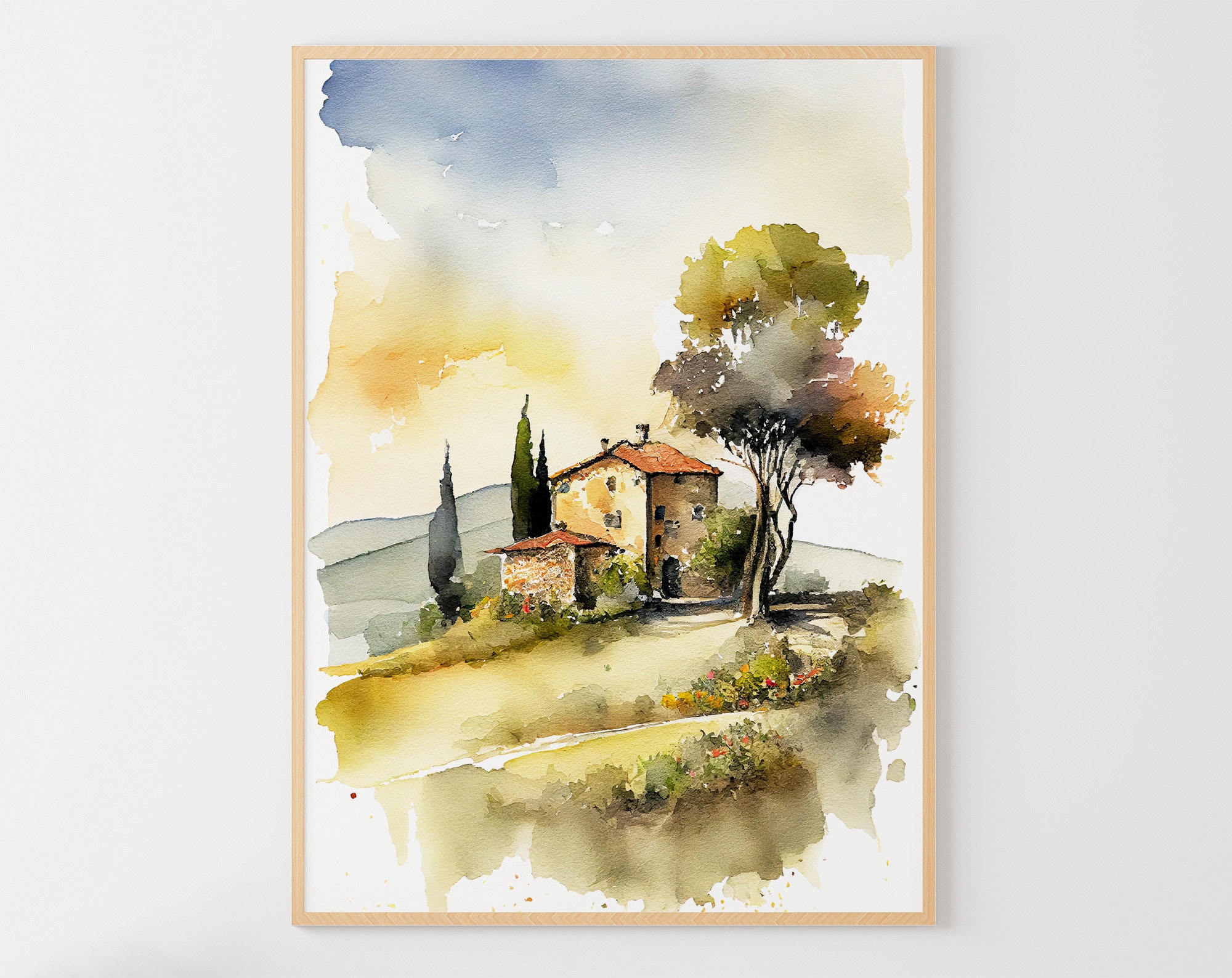 Tuscany Cottage Painting Italian Landscape Green Hills Watercolor Cottage Art Print Countryside Poster