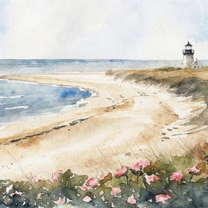 Pintura de acuarela del faro de Cape Cod: Impresión artística de una casa de playa costera