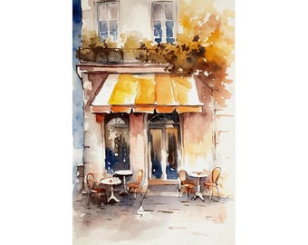 Pintura de café de París Paisaje urbano francés Acuarela de café francés Impresión artística de café callejero