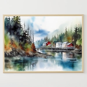 Alaska Malerei Ketchikan Town Aquarell Poster Reise Kunstdruck Alaska Landschaft Pine Trees Wandkunst