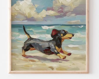 Pintura al óleo de perro salchicha en la playa, color negro y tostado, arte mural para mascotas