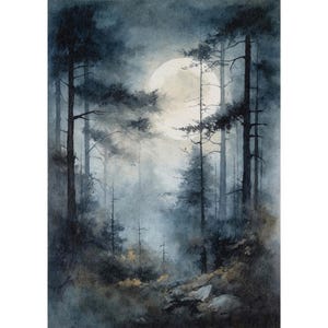 Dipinto di luna piena nella foresta, cielo notturno, stampa ad acquerello, paesaggio forestale, pini, arte murale, paesaggio dell'Oregon