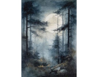 夜空の水彩画 アパラチア山脈の風景 アートプリント 月 松林 ウォール