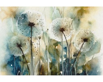 Dandelion Watercolor Print Meadow Painting Wildflowers Wall Decor Floral Wall Art