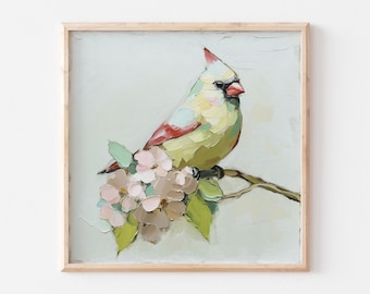 Quadro di cardinale femmina, uccello, arte murale, opera d'arte floreale, arte animale, stampa da un dipinto originale a olio a impasto