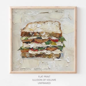 Impresión de arte de color neutro con pintura al óleo original de sándwich. Pintura de alimentos para decoración de pared de cocina.