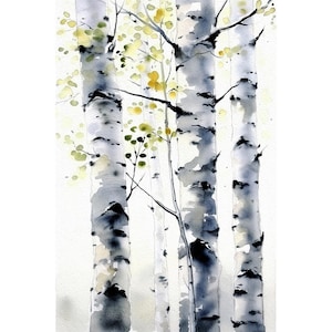 Impresión de acuarela de abedules, pintura de abedul primaveral, póster de bosque de abedules, arte mural natural