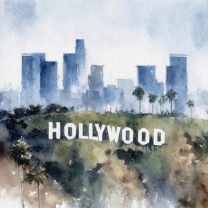 Hollywood Watercolor Art Print Los Angeles Painting California Travel Gift LA Poster Palm Trees Art Californian Landscape