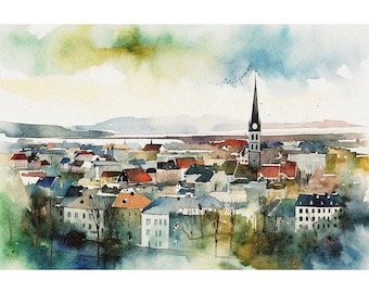 Reykjavik Painting Cityscape Watercolor Iceland Landscape Travel Wall Art Architecture Art Print