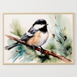 Chickadee Watercolor Print Forest Bird Painting Pine Tree Poster Woodland Wall Art