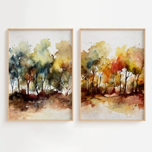 Herbst Bäume Aquarell 2er-Set Drucke Herbst Malerei Bäume Wand Kunst Herbst Landschaft