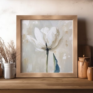 White Tulip Oil Painting Floral Wall Art Flowers Artwork Neutral Beige ...