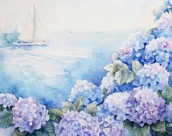 Cape Cod Watercolor Print: Nantucket Hydrangeas, Sailboat Nautical Art
