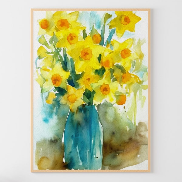 Narzisse Aquarell Malerei Gelbe Blumen Kunstdruck Floral Aquarell Frühlingsblumen Stillleben