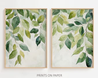 Green Leaves Set Of 2 Watercolor Art Birch Painting Neutral Botanical Wall Art
