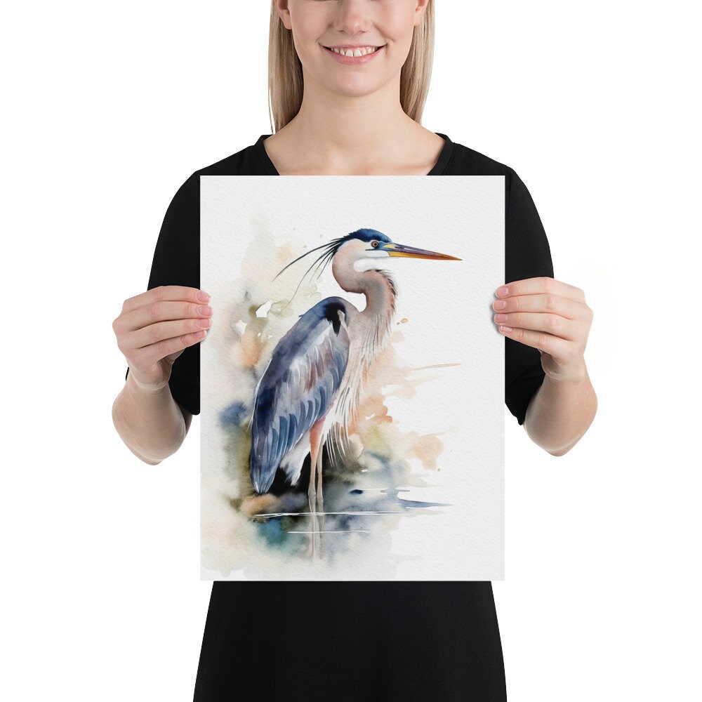 オオアオサギの水彩画、サギの鳥のアートプリント、沿岸の鳥のポスター