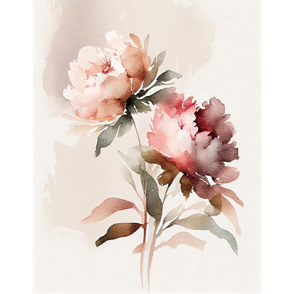 Lámina de acuarela de peonías, pintura floral, arte mural floral, decoración botánica para pared