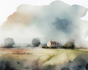 Countryside Painting Farmhouse Watercolor Country Landscape Cottage Artwork Neutral Calm Wall Art