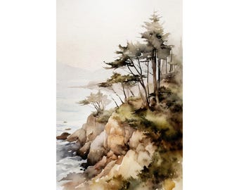 Akvarellmålning av Lake Superior, Michigan, landskap, kust, väggkonst, sjöstrand, tall, poster