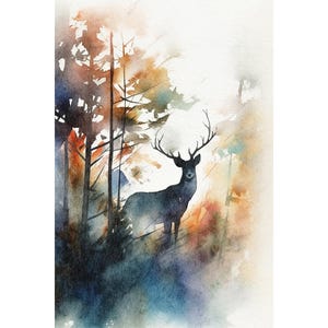 Pintura de ciervos, impresión artística de animales salvajes, acuarela del bosque, obra de arte del bosque, póster de animales