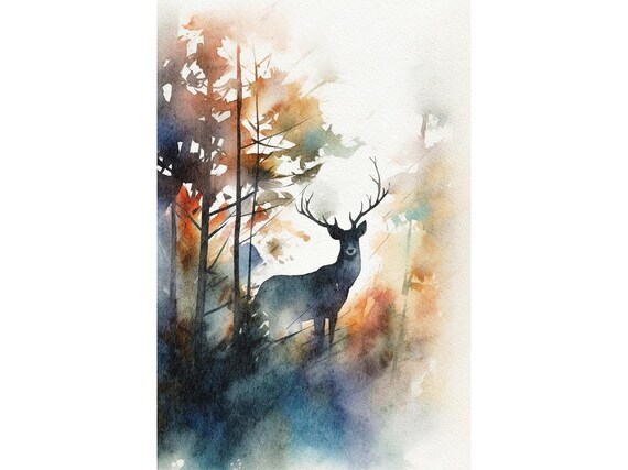 Deer Painting Wild Animal Art Print Woodland Watercolor Forest Artwork Animal Poster