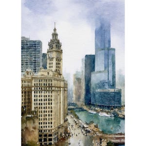 Chicago Watercolor Art Print Cityscape Painting Illinois Artwork Skyscraper Poster Architecture Wall Art Chicago Travel Gift
