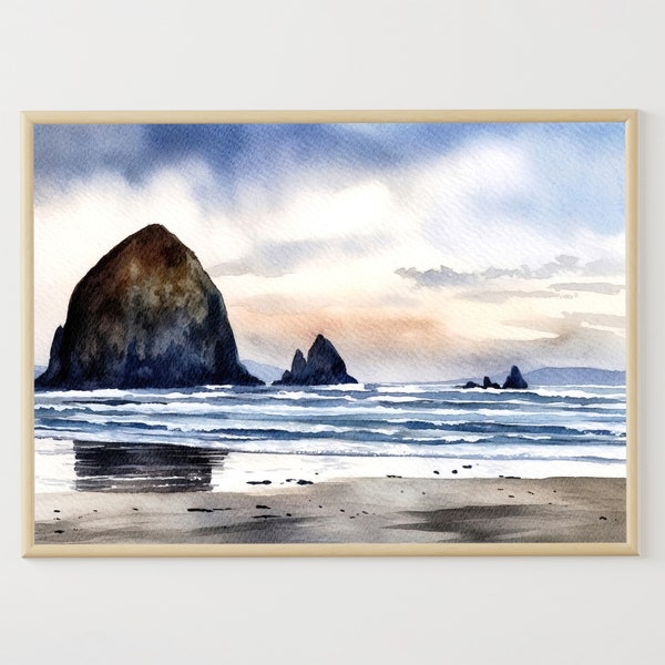 Cannon Beach Painting Oregon Watercolor Haystack Rock Art Print Oregon Coast Artwork Seaside Poster