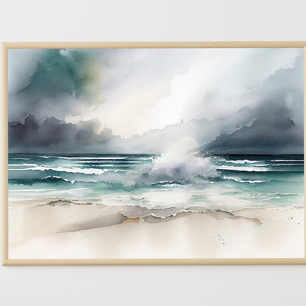 Ocean Painting Stormy Sea Watercolor Ocean Beach Wall Art Waves Art Print Panoramic Seascape Poster