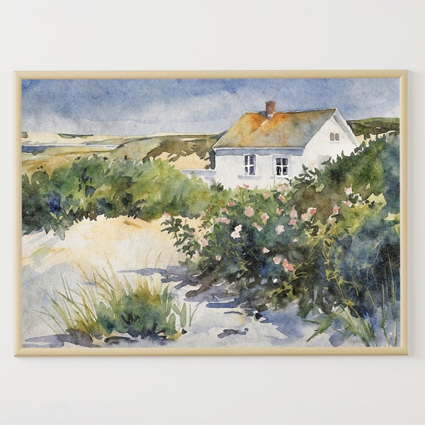 Cape Cod Watercolor Art Print Seaside Painting Beach Scene Poster Beach House Wall Decor Wildflowers Artwork